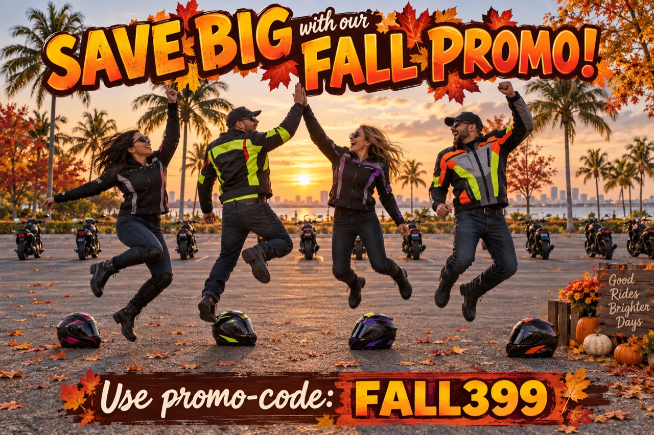 Four motorcycle riders celebrating the FALL399 Basic RiderCourse promotion